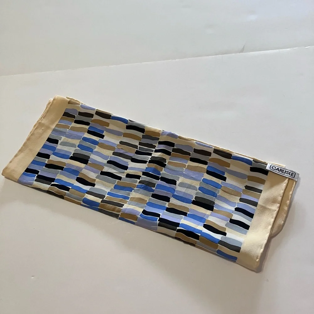 Carlisle Geometric Silk Scarf in Blue, Beige, black and Yellow Edging